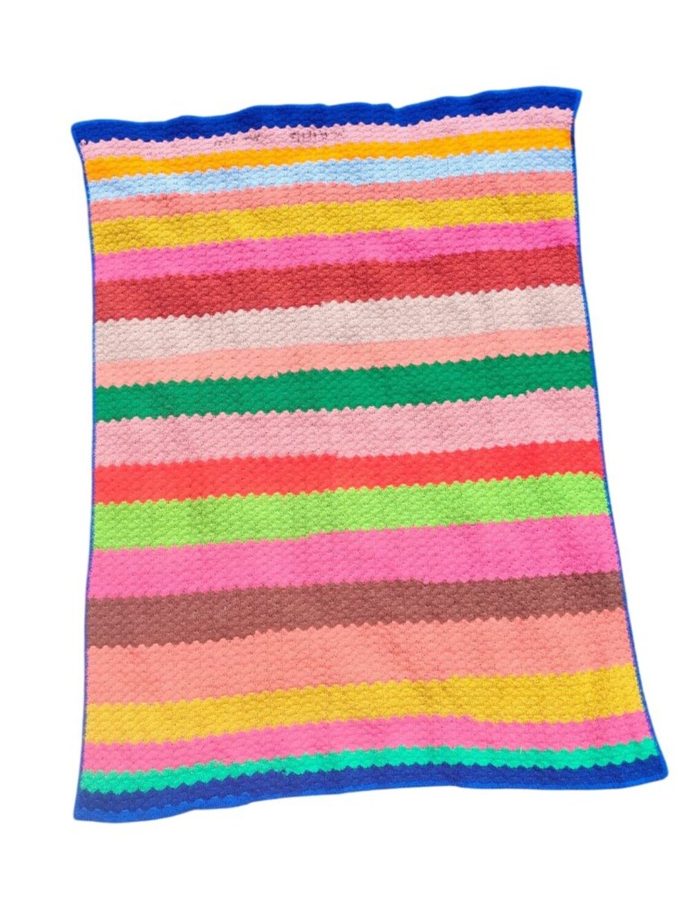 Vintage Hand-Crocheted Yarn Blanket Multicolor Stripes 1970s Design 45" x 64"